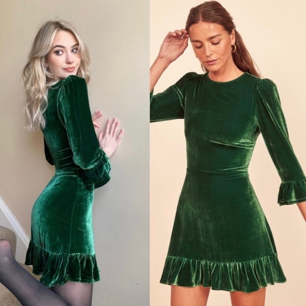 NEW Reformation Velvet Long Sleeve Ruffle Emerald Green Holiday Party Dress